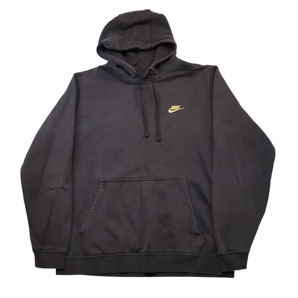 Nike Mens L Black Pullover Fleece Hoodie Gold Swoosh Blue Tag Vintage